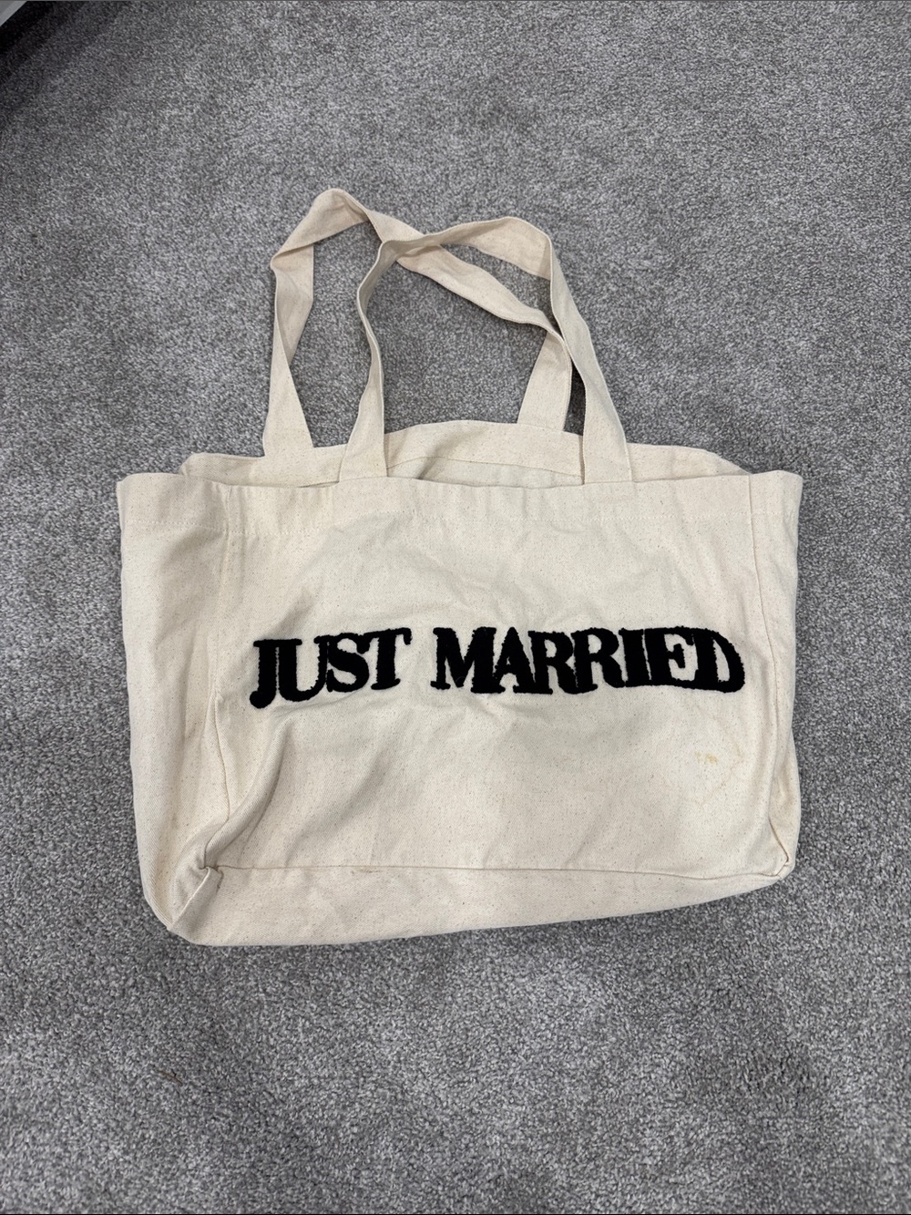Cream Canvas 'Just Married' Tote Bag with Black Lettering